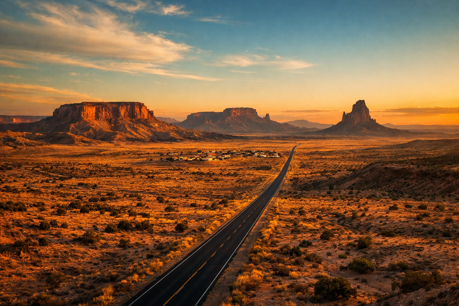 New Mexico landscape at golden hour with a road connecting remote communities