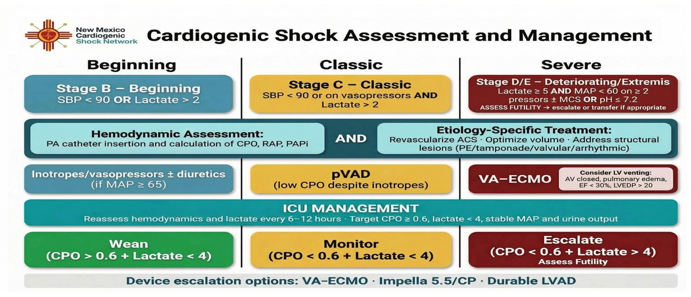 NMCSN Cardiogenic Shock Assessment and Management &mdash; SCAI stage B through D/E pathways, hemodynamic assessment, device escalation